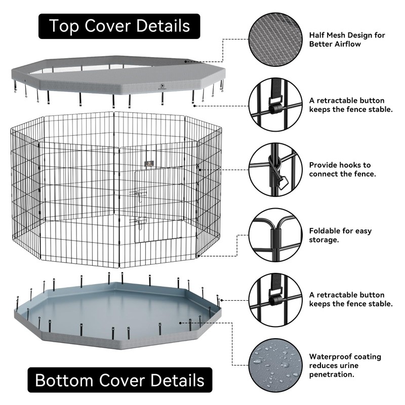 PJYuCien Dog Playpenr，8 Panels 30”H Dog Playpen with Gery Bottom