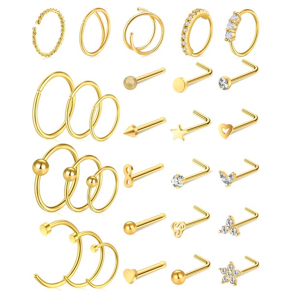 ONESING 29 PCS Gold Nose Rings for Women 20g Nose Piercings with Nose Rings Hoops L shaped Nose Screw Surgical Stainless Steel Nose Studs CZ Heart Star Hypoallergenic Nostril Nose Piercing Jewelry