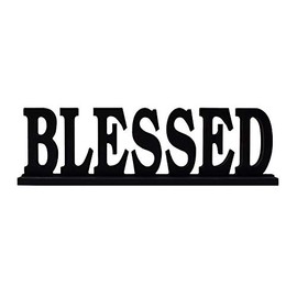 Black Wood Blessed Cut-Out Block Letters Standing Tabletop Sign for Home Decor, Wooden Black Block Letters Blessed Decor Rustic Free Standing Words Home Decoration 16.25''L