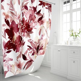 MAYZUS Burgundy Red Floral Shower Curtain 60x72, Watercolor Flower Shower Curtain for Bathroom, Modern Abstract Ink Decorative Fabric Shower Curtain Set with Hooks