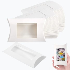 80 Pcs Pillow Gift Boxes with Windows,Kraft Paper Mini Pillow Packaging Box, Creative Favor Box Folding Treat Boxes with Clear Window for Bakery Candy Chocolate Jewelry Display Wedding Party Favor