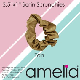 Amelia Beauty Products, 8 Pack Tan Satin Scrunchies, 3.5 Inch Diameter – Gentle on Hair, Strong Hold, No Snag, No Dent Hair Ties for All Hair Types