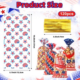 4th of July Cellophane Treat Bags, 120 PCS 4th of July Gift Bag, Patriotic Treat Bags, Plastic Red Blue and White Candy Cookie Goodie Snack Bag for Independence Day Fourth of July Party Favor Supplies