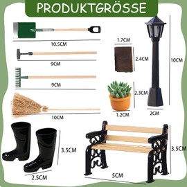 12 Stück Miniatur Garten Zubehör, Mini Wichtel Zubehör, Puppenhaus Zubehör Garten, Mini Gartenmöbel Deko mit 4 Gartengeräte 1 Mini-Regenstiefel 1 Parkstraßenlaterne Parkbank Topfpflanzen Buch für DIY