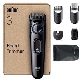 Braun Beard Trimmer Series 3, +6 Styling Tools, Ultra Sharp Blade, 50 Min Runtime, 40 Lengths, BT3565, Black/Blue