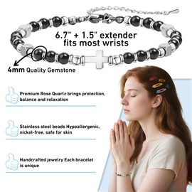 CNYTPE Inspirational Beaded Cross Bracelets for Women - Natural Gemstone Christian Faith Bracelet, Ideal Gifts for Mom, Wife, Sister, Friend - Birthday, Mother's Day Blessings(Obsidian Bracelet)