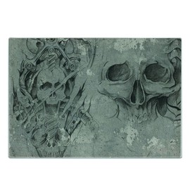 Lunarable Tattoo Cutting Board, Scary Dead Skull Skeleton Demon Gothic Elements with Tribals Design Print, Decorative Tempered Glass Cutting and Serving Board, Small Size, Grey Beige