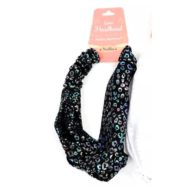 Nollia Ladies Criss Cross Elastic Stretch Headband Black Cheetah Sparkle