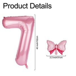 Pink Number Balloons with Mini Bow, 40 Inch Large Number Balloons Just Wanna be One Birthday Pink Theme Birthday Decorations Party Supplies for Girls Daughter (Number 7)