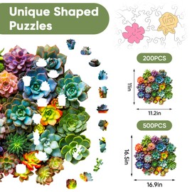 Mys Aurora Succulent Wooden Puzzles for Adults, 200 Piece Unique Shaped Wood Jigsaw Puzzles for Adults and Kids, Fun Challenging Puzzles Family Game Gift, Medium 11.2'' x 11'