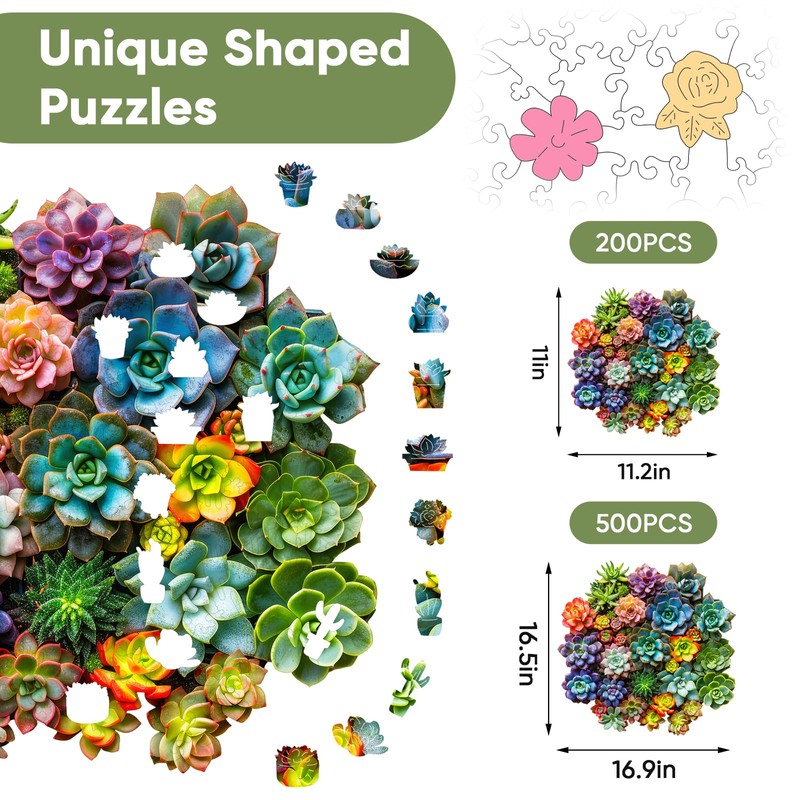 Mys Aurora Succulent Wooden Puzzles for Adults, 200 Piece Unique