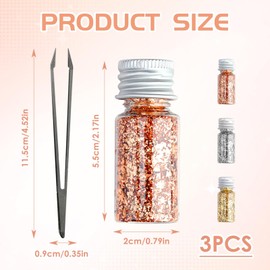 Pack of 3 30 ml Gold Leaf Flakes, Multi-Purpose Decorative Film in Gold, Multifunctional Decorative Gold Foil, Silver and Rose Gold for Crafts and Table Decoration Celebrations (with Tweezers)