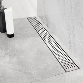 Neodrain 28-Inch Linear Shower Drain with Removable Quadrato Pattern Grate, Brushed 304 Stainless Steel Rectangle Shower Floor Drain,Linear Drain with Leveling Feet,Hair Strainer
