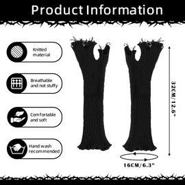 GERINLY Black Frayed Arm Warmer Emo Punk, Long Fingerless Gloves Goth Scene, Fashion Knitted Wrist Wamer (Black)