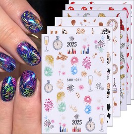 Christmas Nail Art Stickers 3D Self-Adhesive Glitter Christmas Firework Nail Decals Bell Cow Christmas Tree Cane Nail Design Heart Santa Claus Nail Supplies New Year Holiday Manicure Decor 6Sheets