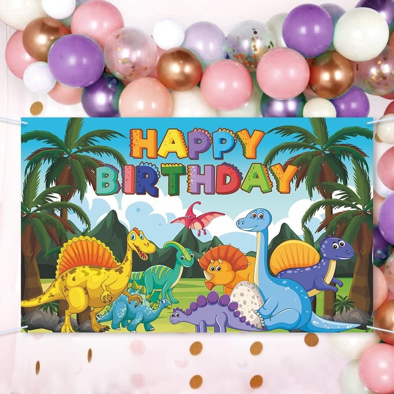 Dinosaur Birthday Party Backdrop Banner, 180 x 110 cm, Colourful