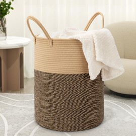 Eblog 58L Cotton Rope Laundry Basket (20"x15"),Woven Basket for Storage Dirty Clothes Basket for Laundry, Living Room, Nursery, Bedroom Rope Storage Basket for Blankets（Brown/Stitches）