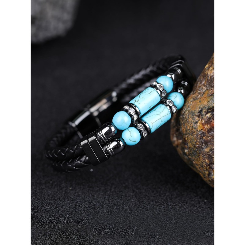 Mens Leather Turquoise Stone Bracelet–8.3" Braided Multi‑Layer Stainless Steel Clasp