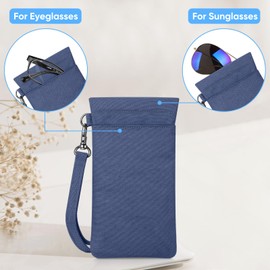 Fintie Double Eyeglasses Pouch with Carrying Strap, Portable Squeeze Top Microfiber Soft Glasses Case Sunglass Pouch, Navy