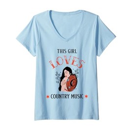 Womens Retro Cowgirl Hat Music Lover This Girl Loves Country Music V-Neck T-Shirt