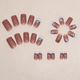 White Press on Nails French Tip Fake Nails Medium Glue on Nails Square Flowers Acrylic Nails Nude Artificial Translucent Nails Glossy Simple Stick on Nails for Women 24 Pcs