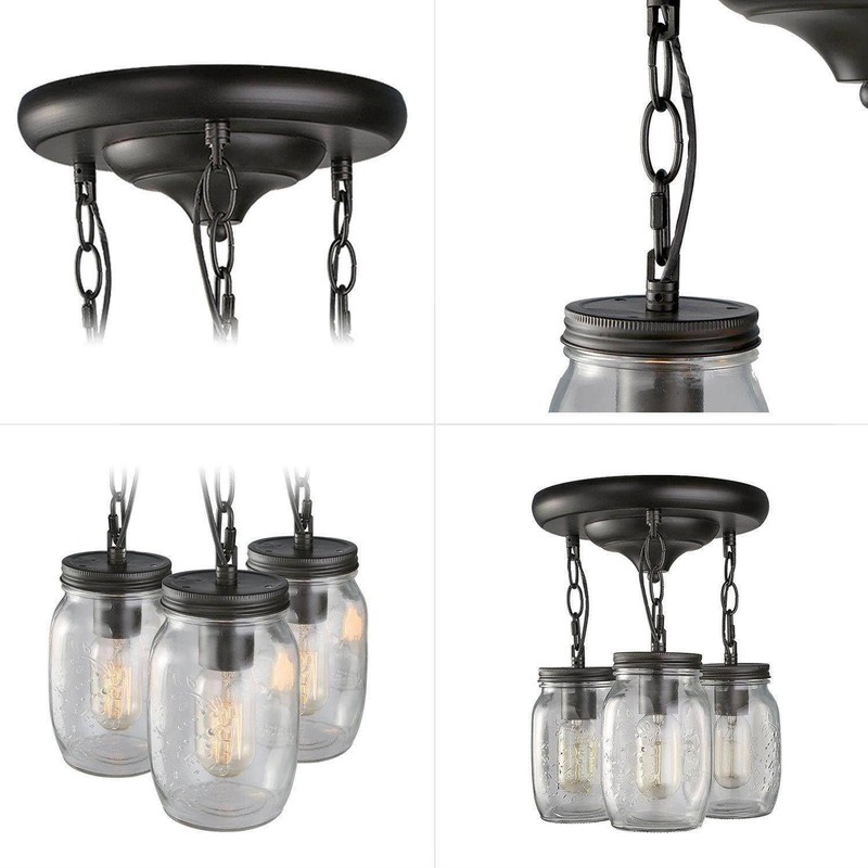 LALUZ Mason Jar Flush Mount Ceiling Light, 3-Light Black Farmhouse
