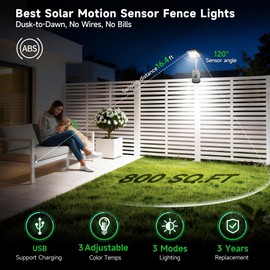 Varmtalys Clip On Fence Solar Lights, 3CCT Motion Sensor Fixture, 600LM 1500mAH Type-C USB & Solar Powered, IP65 Waterproof with Remote for Porch, Tree, Camping - Black (4-Pack)