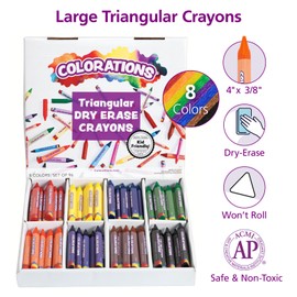 Colorations® Large Triangular Dry Erase Non-Roll Crayon Classpack, 8 Colors, 12 of each, Set of 96, Shape is Easier to hold & grip, Glide easily, Non Toxic Crayons, Kids Crayons, School Supplies