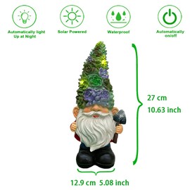 RAYWER Solar Powered Gnome with Flower Hat and Shovel, Decorated Solar Light, Garden Decorations Statues, Garden Light Decor