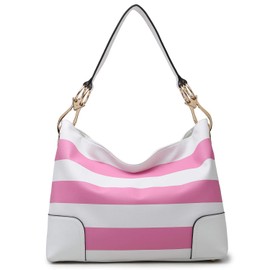 Dasein Women Hobo Bags Shoulder Handbags Hobo Purses Big Hook Hardware and Wide Strap (White pink stripes)