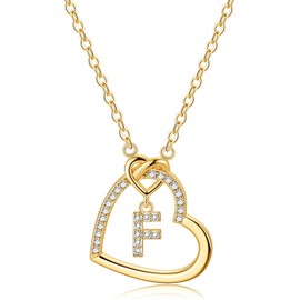 LIHELEI Women Heart Initial Necklaces, 925 Silver Heart Initial Necklaces for Teen Girls Women, Dainty Letter Necklace for Women Kids Girls Women's Jewellery Gifts - F(Gold)
