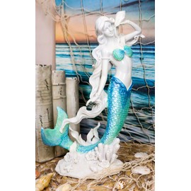 Ebros Gift Large Nautical Capiz Blue Tailed Mermaid Ariel by White Coral Rocks Statue Ocean Aquamarine Princess As Coastal Beach Under The Sea Decorative Accent (Listening to A Conch)