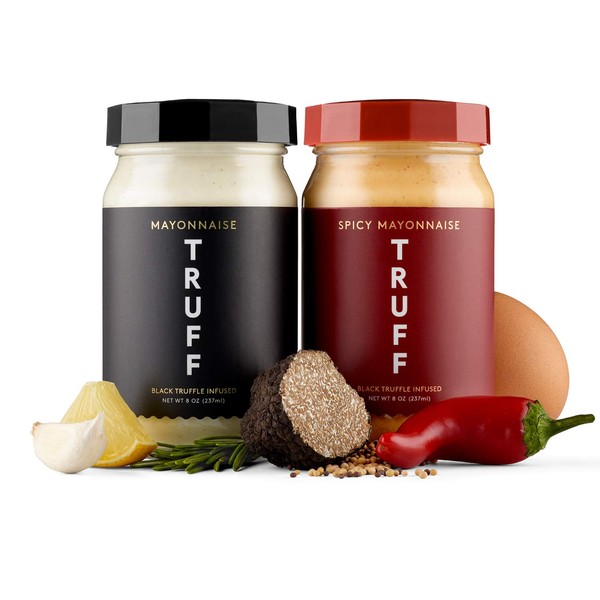 TRUFF Mayo, Gourmet Mayonnaise made with Black Winter Truffles, Sunflower Oil, Cage-Free Eggs | Heat and Umami for Savory Spreads, Salads, Non-GMO, Gluten Free | Original and Spicy Flavor with Premium Box - Bundle of 2