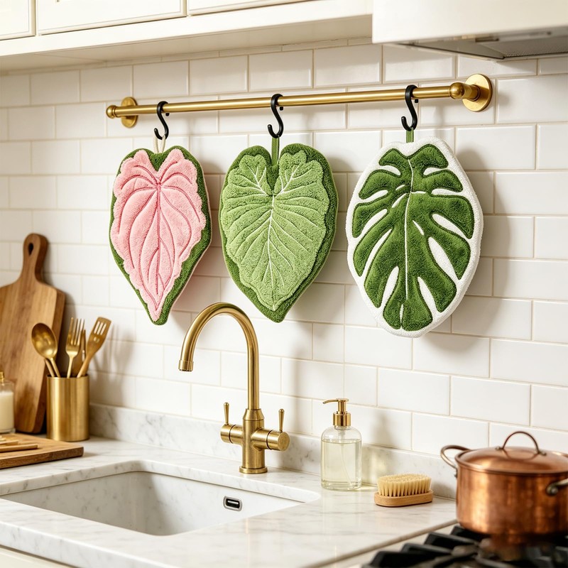 HJUHBDJ 3-Pack Leaf Shaped Hanging Kitchen Towels, Cute Coral Fleece