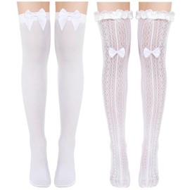 Sintege 2 Pairs of Costume Socks Women's Dirndl Stockings with Bows and Lace Trim White Costume Knee Socks Overknees, White, One size fits all