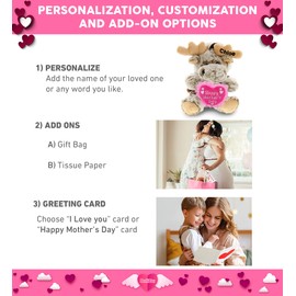 DolliBu Happy Mother's Day Super Soft Plush Sitting Moose with Sweater - Cute Stuffed Animal with Pink Heart Message for Best Mommy, Grandma, Wife, Daughter - 9" Inches