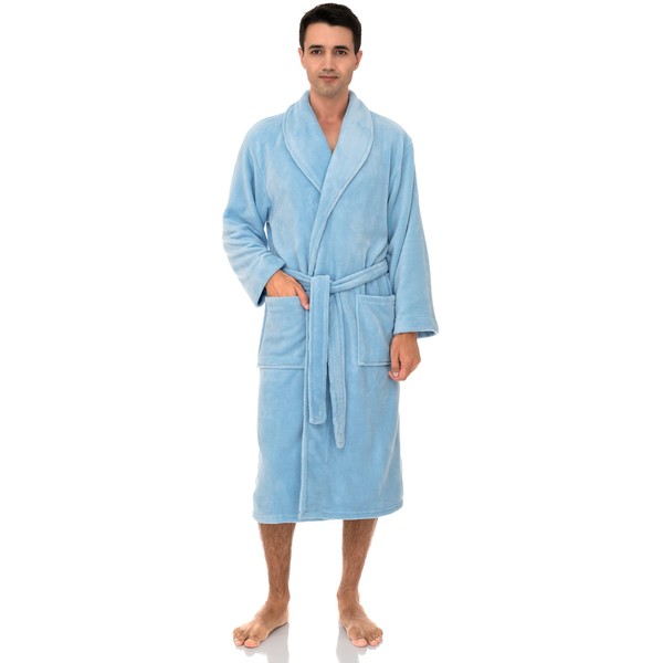 TowelSelections Bata de forro polar para hombre, con cuello de chal de felpa, azul (Airy Blue), Medium-Large