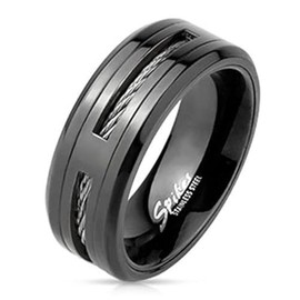 Tapsi´s Coolbodyart® Band Ring Stainless Steel 8 mm Wide Steel Rope Black Available Ring Sizes 60 (19) – 72 (23), Stainless Steel