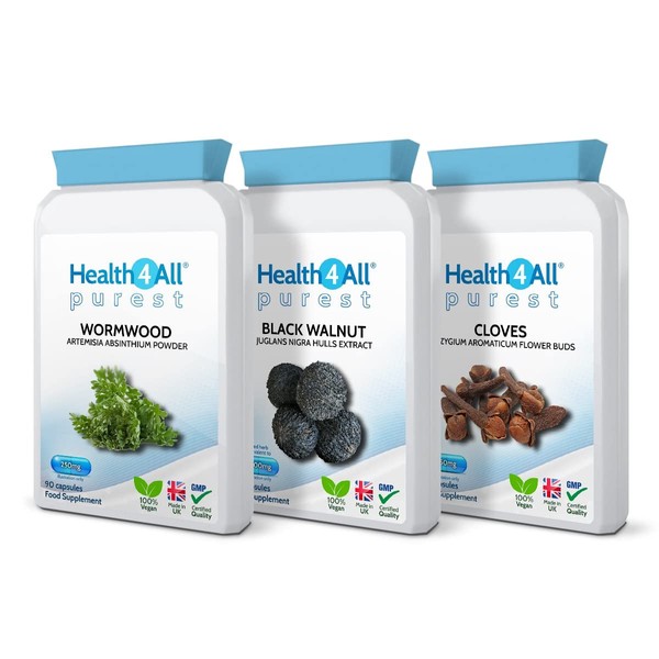 Wormwood, Black Walnut, Cloves Digestive Dewormer Detox Cleanse for Humans Set 3x90 Capsules. Vegan. Purest - no additives. Made in UK by Health4All