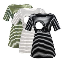 Bearsland Women's 3 Packs Maternity Nursing Tops Short Sleeve Breastfeeding Shirts,grewitstpblkwitstpgreenstp,L