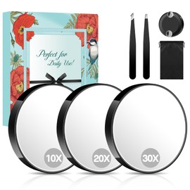 MIYADIVA Magnifying Mirror Set, 10x&20x&30x Suction Cup Makeup Mirror, 2 Tweezers & Storage Bag. 3.5in Compact Mirror for Travel, Bathroom, Home, Gifts for Women