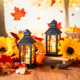 Tujoe 2 Pack Fall LED Candle Lantern Decorative Indoor & Outdoor Fall Decorations for Home Mini Thanksgiving Hanging Lanterns with Pumpkin Maple Vine for Autumn Table Decor Patio Porch