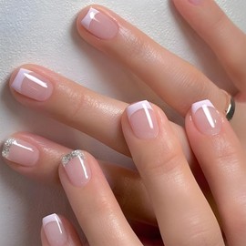 Vopintpy White French Tip Press on Nails Short Square Fake Nails Glossy Nude Acrylic Glue on Nails Reusable Full Cover Stick on Nails for Women DIY Manicure Decoration