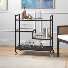Henn&Hart 33" Wide Rectangular Bar Cart with Glass and Metal Shelves in Blackened Bronze, Bar Carts for the Home