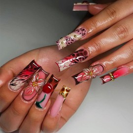 24 Pcs Press on Nails Long Square French Tip False Nails with Flower Cherry Designs Fall Fake Nails 3D Golden Rhinestone Artificial Reusable Full Cover Stick on Nails for Women Girls DIY Decorations