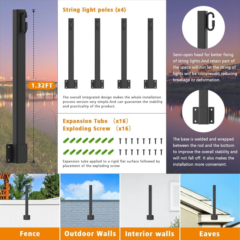 SINLEY 2.8Ft String Light Poles 4 Pack,Light Poles for Outside