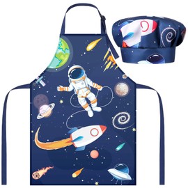 Cotwinter Kids Apron Chef Hat Set Adjustable Children Blue Kitchen Apron Astronaut Space Rocket Apron Cooking Baking Painting Training Kits Role Play Chef Funny Toy for Kids Boys 5-12 Years