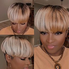 LEOSA Pelucas de Corte Pixie con Flequillo para Mujeres Negras, Pelucas Cortas Estilo Bob con Efecto Degradado Gris, Cabello Sintético Liso Natural co