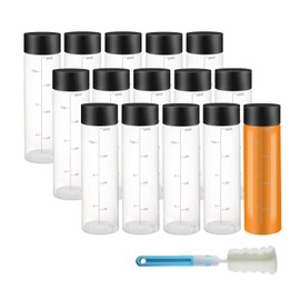 YBCPACK 15 Pack 400 ml PET Bottles - Wide Mouth Empty Plastic Bottles with Caps and Brush - Clear Bottles Ideal for Smoothie Bottle, Juice Bottles with Lids, Sensory Bottles