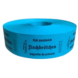 TAMLED Receipt Roll Fish Buns Blue Trilingual 1000 Tabs Perforated Consecutively Numbered Gastro Festival Food Catering Events Event Folk Festival Club Token Food Fair